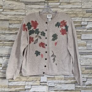 ​VTG Monterey By Koret Cardigan XL Beige Linen Boho Cottagecore Floral Leaf Fall